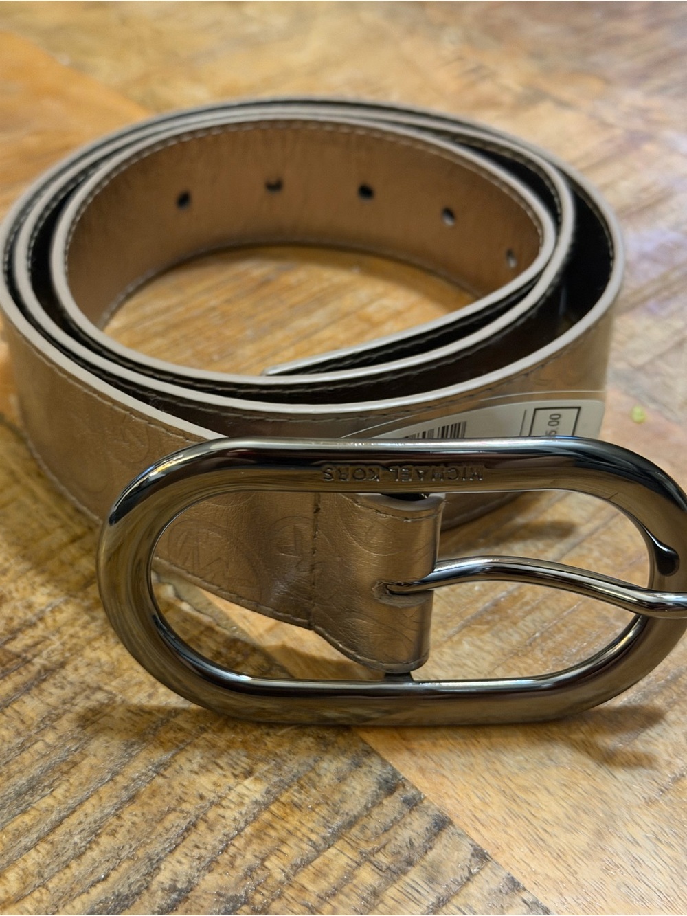 Michael Kors XL Metallic Pewter Embossed MK Logo Belt Oval Buckle NWT